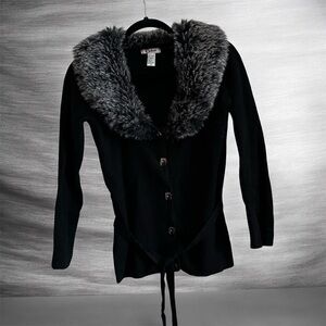 Carducci Black Cardigan- faux fur collar-decorative buttons - tie waist-S - VTG